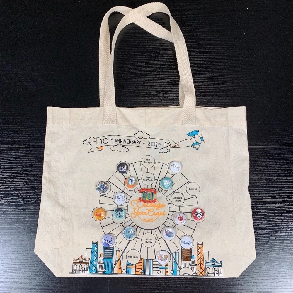 Chicago Yarn Crawl 2019 Tan Project Tote Bag with Shop Pins Knit Crochet